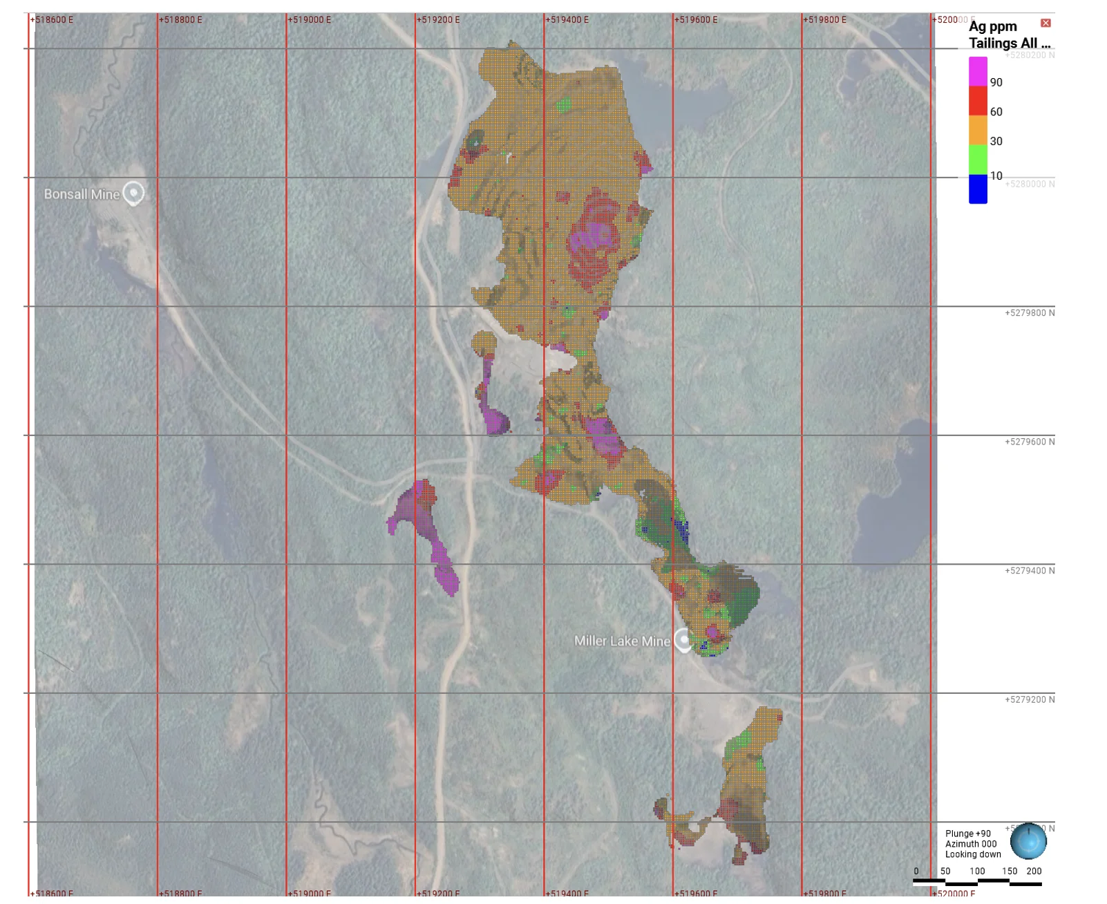 Plan view of the Gowganda tailings silver-grade block model over aerial imagery, showing the Main Tailings, South Tailings and outflow domains coloured by silver grade